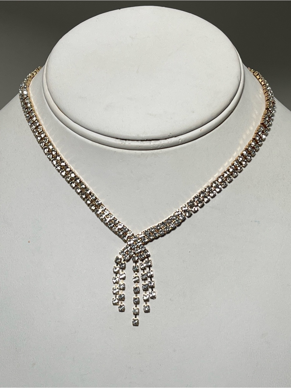 Gold Tone Rhinestone Tennis Lariat Necklace Y Drop Tassel Fringe Choker Crystal